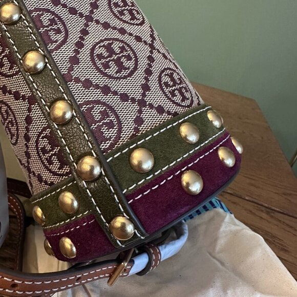 NWT! NEW Tory Burch T Monogram Jacquard Studded Mini Bucket Bag -multi leather - Picture 6 of 10